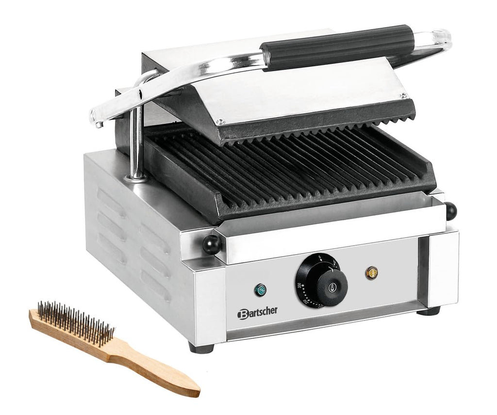 Bartscher Kontaktgrill 1800 1R mit gerillten Gusseisenplatten, Edelstahlgehäuse, thermostatisch regelbar, 1,8 kW, silbergrau, für Gastronomie