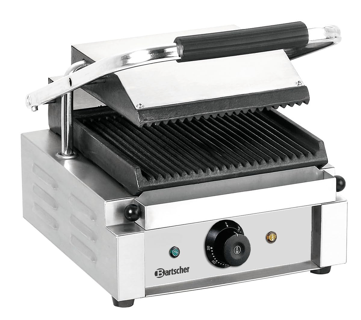 Bartscher Kontaktgrill 1800 1R mit gerillten Gusseisenplatten, Edelstahlgehäuse, thermostatisch regelbar, 1,8 kW, silbergrau, für Gastronomie