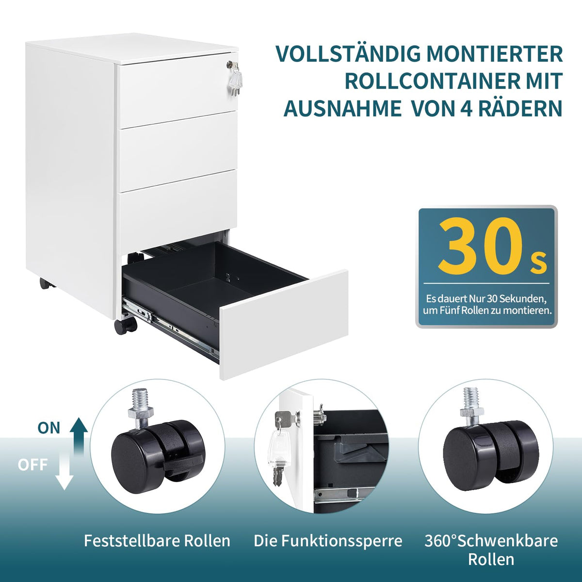 Rollcontainer mit Schubladen, Mobiler Aktenschrank unter Schreibtisch, Abschließbarer Büroschrank, Druckertisch, 4 Schubladen 4 Schlüssel, Vormontiert, Büro, Homeoffice, Weiß