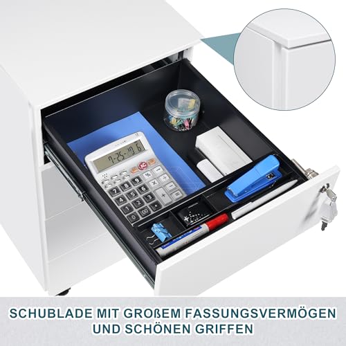 Rollcontainer mit Schubladen, Mobiler Aktenschrank unter Schreibtisch, Abschließbarer Büroschrank, Druckertisch, 4 Schubladen 4 Schlüssel, Vormontiert, Büro, Homeoffice, Weiß