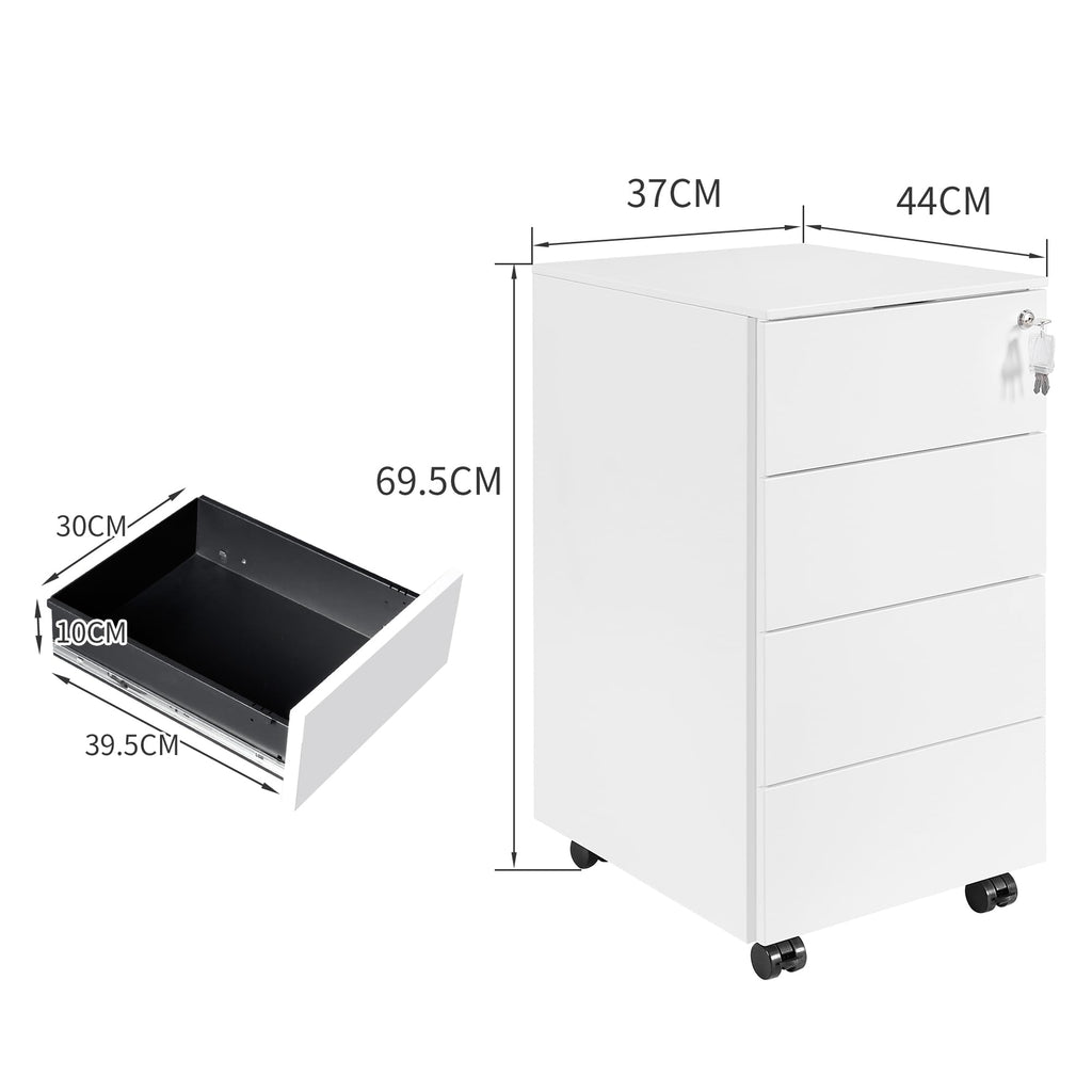 Rollcontainer mit Schubladen, Mobiler Aktenschrank unter Schreibtisch, Abschließbarer Büroschrank, Druckertisch, 4 Schubladen 4 Schlüssel, Vormontiert, Büro, Homeoffice, Weiß