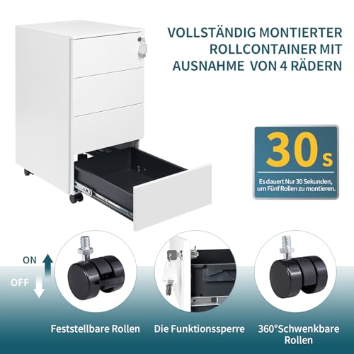 Rollcontainer mit Schubladen, Mobiler Aktenschrank unter Schreibtisch, Abschließbarer Büroschrank, Druckertisch, 4 Schubladen 4 Schlüssel, Vormontiert, Büro, Homeoffice, Weiß