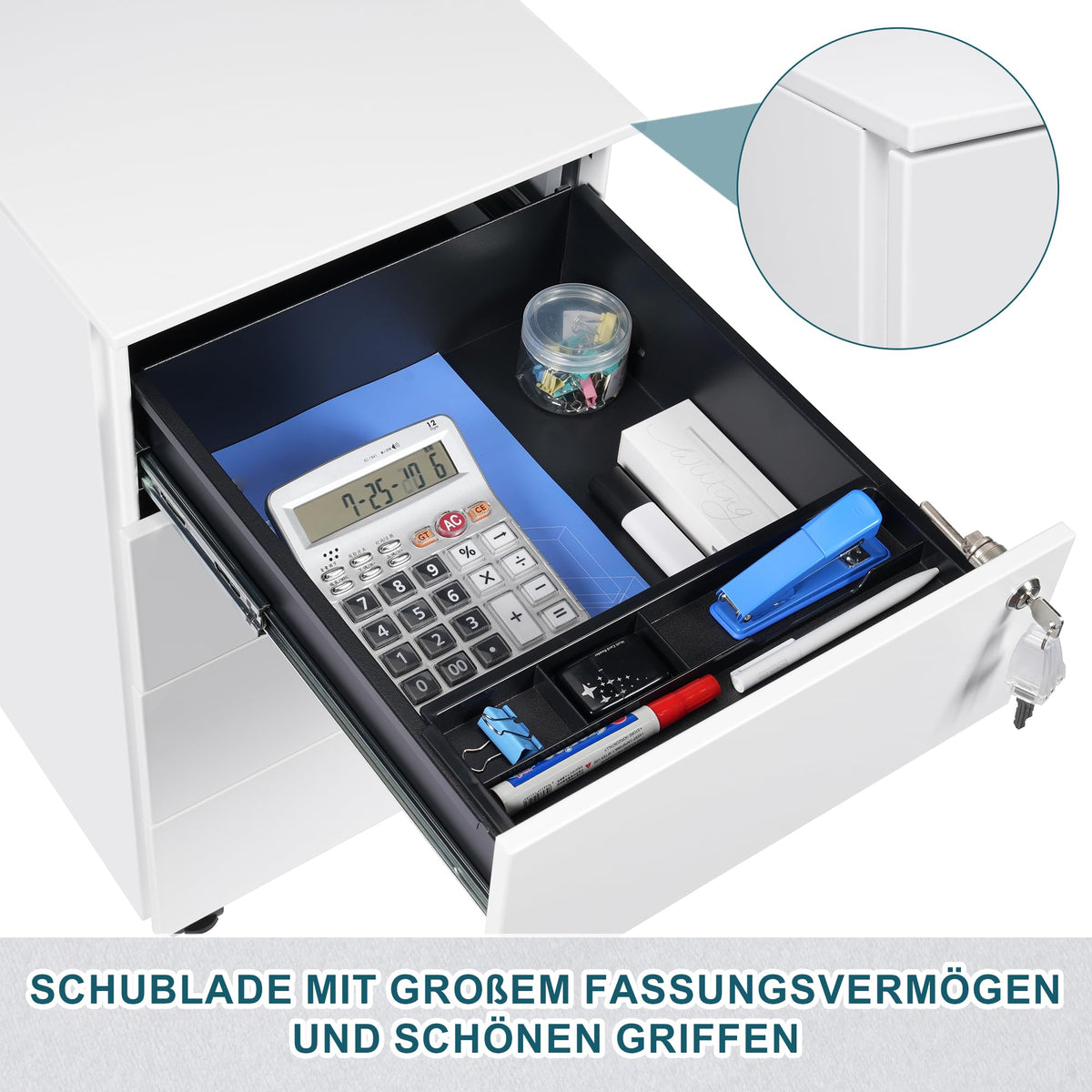 Rollcontainer mit Schubladen, Mobiler Aktenschrank unter Schreibtisch, Abschließbarer Büroschrank, Druckertisch, 4 Schubladen 4 Schlüssel, Vormontiert, Büro, Homeoffice, Weiß