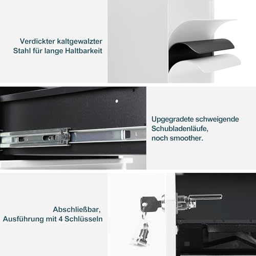 Rollcontainer mit Schubladen, Mobiler Aktenschrank unter Schreibtisch, Abschließbarer Büroschrank, Druckertisch, 4 Schubladen 4 Schlüssel, Vormontiert, Büro, Homeoffice, Weiß