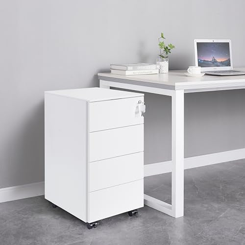 Rollcontainer mit Schubladen, Mobiler Aktenschrank unter Schreibtisch, Abschließbarer Büroschrank, Druckertisch, 4 Schubladen 4 Schlüssel, Vormontiert, Büro, Homeoffice, Weiß