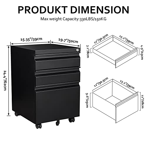 Rollcontainer Aktenschrank abschließbar Büroschrank metallschrank File Cabinet Lagerschrank Beistellcontainer schubladenschrank Beistellcontainer Bürokommode für Dokumente 39 x 50 x 62 cm schwarz
