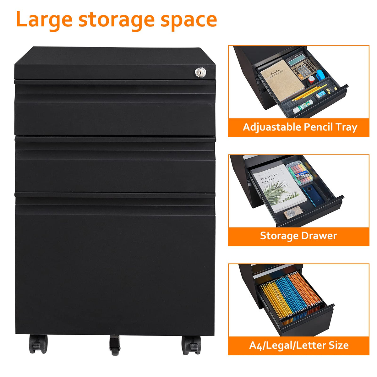 Rollcontainer Aktenschrank abschließbar Büroschrank metallschrank File Cabinet Lagerschrank Beistellcontainer schubladenschrank Beistellcontainer Bürokommode für Dokumente 39 x 50 x 62 cm schwarz