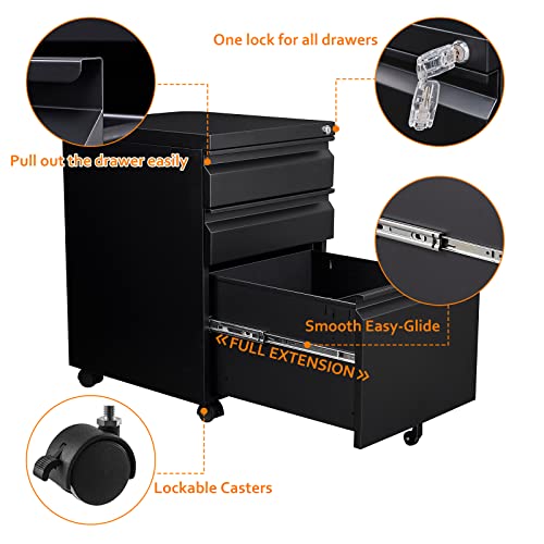 Rollcontainer Aktenschrank abschließbar Büroschrank metallschrank File Cabinet Lagerschrank Beistellcontainer schubladenschrank Beistellcontainer Bürokommode für Dokumente 39 x 50 x 62 cm schwarz