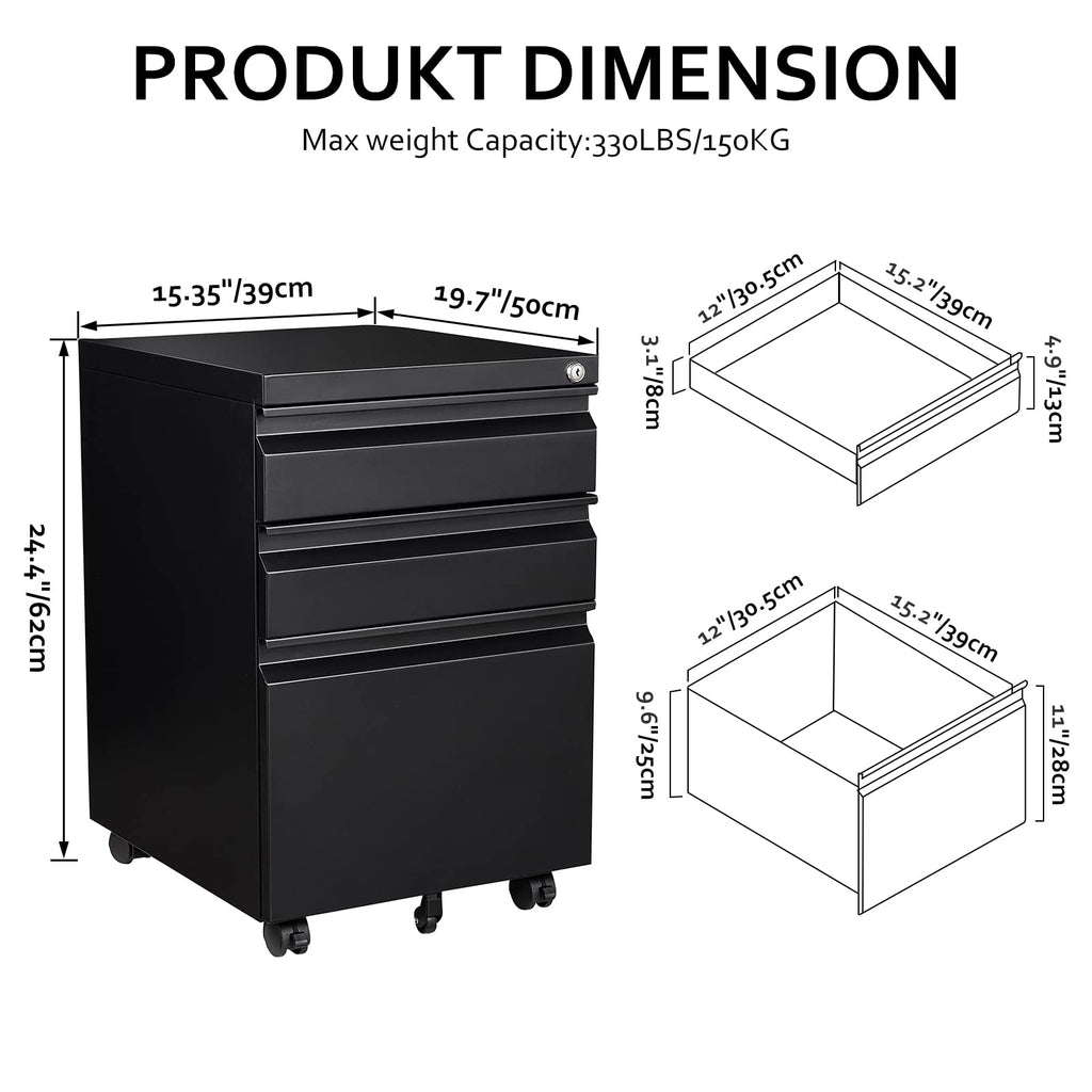 Rollcontainer Aktenschrank abschließbar Büroschrank metallschrank File Cabinet Lagerschrank Beistellcontainer schubladenschrank Beistellcontainer Bürokommode für Dokumente 39 x 50 x 62 cm schwarz