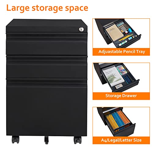 Rollcontainer Aktenschrank abschließbar Büroschrank metallschrank File Cabinet Lagerschrank Beistellcontainer schubladenschrank Beistellcontainer Bürokommode für Dokumente 39 x 50 x 62 cm schwarz