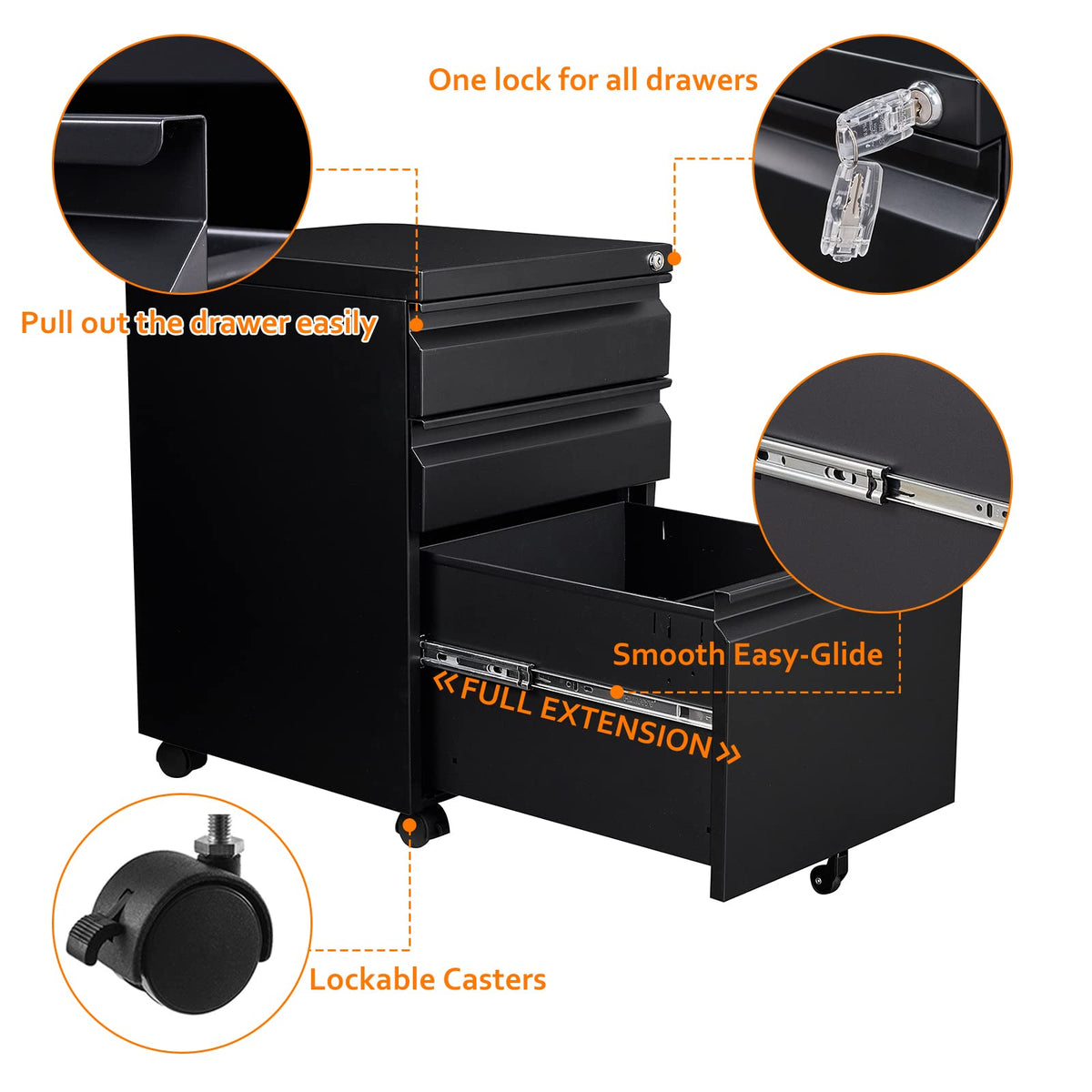 Rollcontainer Aktenschrank abschließbar Büroschrank metallschrank File Cabinet Lagerschrank Beistellcontainer schubladenschrank Beistellcontainer Bürokommode für Dokumente 39 x 50 x 62 cm schwarz