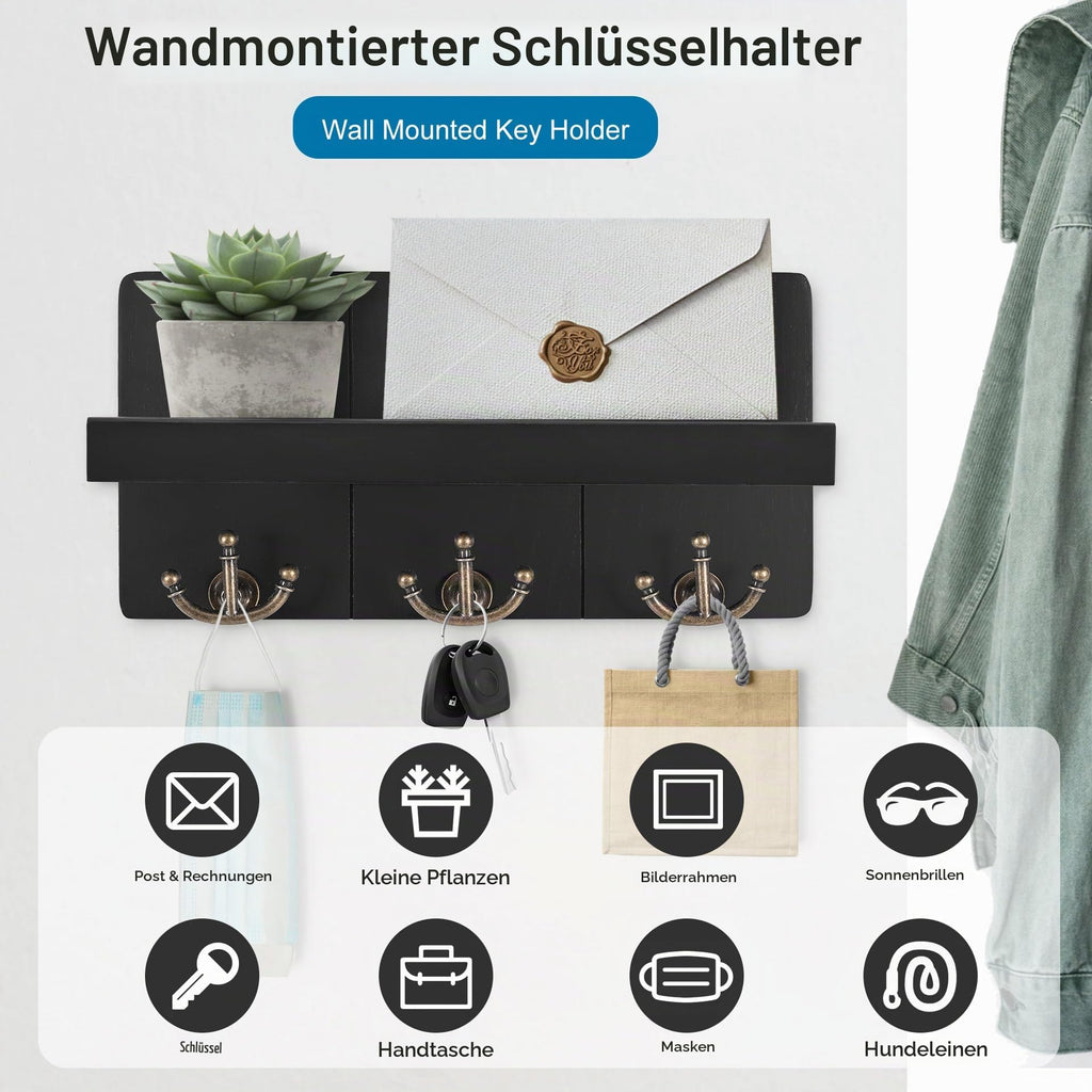 Schlüsselbrett mit Ablage, Schlüsselhalter Holz mit 3 Doppel Schlüsselhaken,Wandregal, Deko Regal, für Eingang, Mudroom, Flur, Schlafzimmer, Wohnzimmer Schwarz