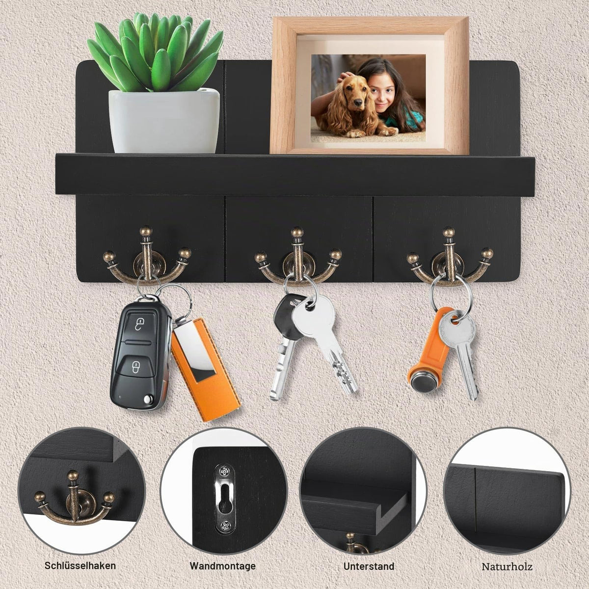 Schlüsselbrett mit Ablage, Schlüsselhalter Holz mit 3 Doppel Schlüsselhaken,Wandregal, Deko Regal, für Eingang, Mudroom, Flur, Schlafzimmer, Wohnzimmer Schwarz