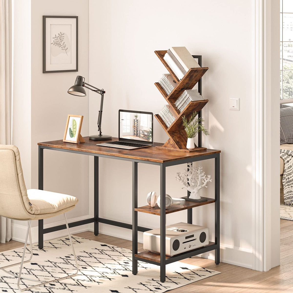 HOOBRO Bücherregal, Standregal mit 4 Ebenen, Holz DVD Regal, in Baumform, Metallgestell, für Wohnzimmer, Arbeitszimmer, Kinderzimmer, Vintagebraun EBF04SJ01G1
