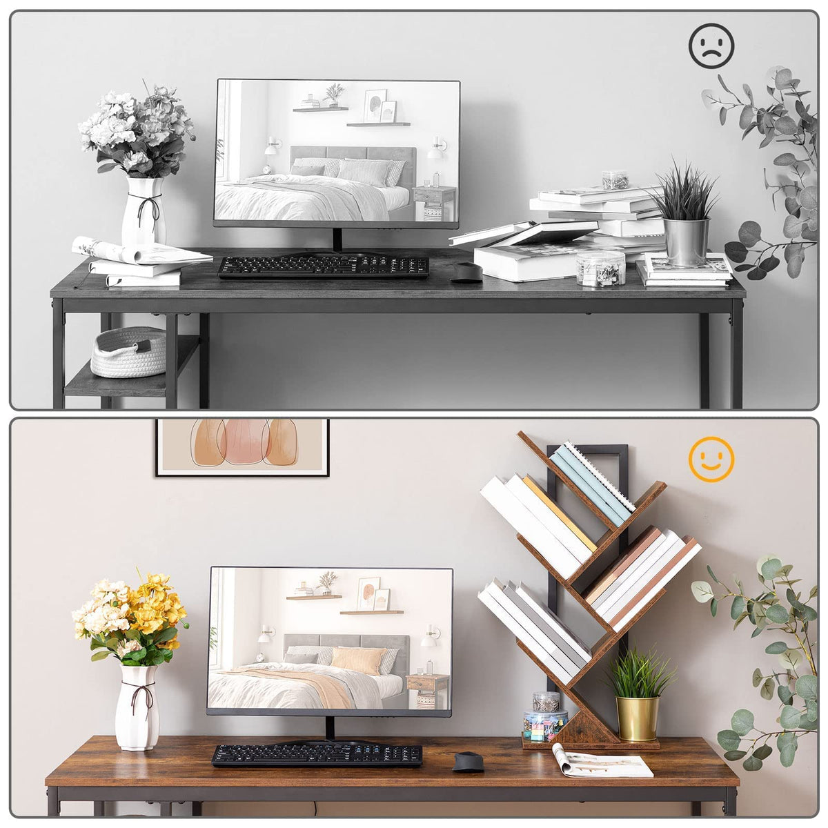 HOOBRO Bücherregal, Standregal mit 4 Ebenen, Holz DVD Regal, in Baumform, Metallgestell, für Wohnzimmer, Arbeitszimmer, Kinderzimmer, Vintagebraun EBF04SJ01G1