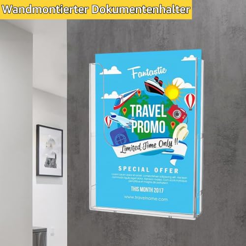 4 Stück Acryl Wandprospekthalter A4, Prospekthalter Wand A4, Prospekthalter Flyerständer, Transparent Zeitschriftenhalter Wand für Menü, Kataloge, Flyer