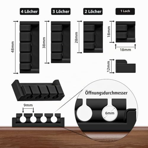 4 Stück Kabelhalter Kabelclips, Mehrzweck Kabel Organizer, Schwarz Kabelhalter Selbstklebend, kabelmanagement für Schreibtisch, Netzkabel, Ladegeräte, USB Ladekabel, Audiokabel