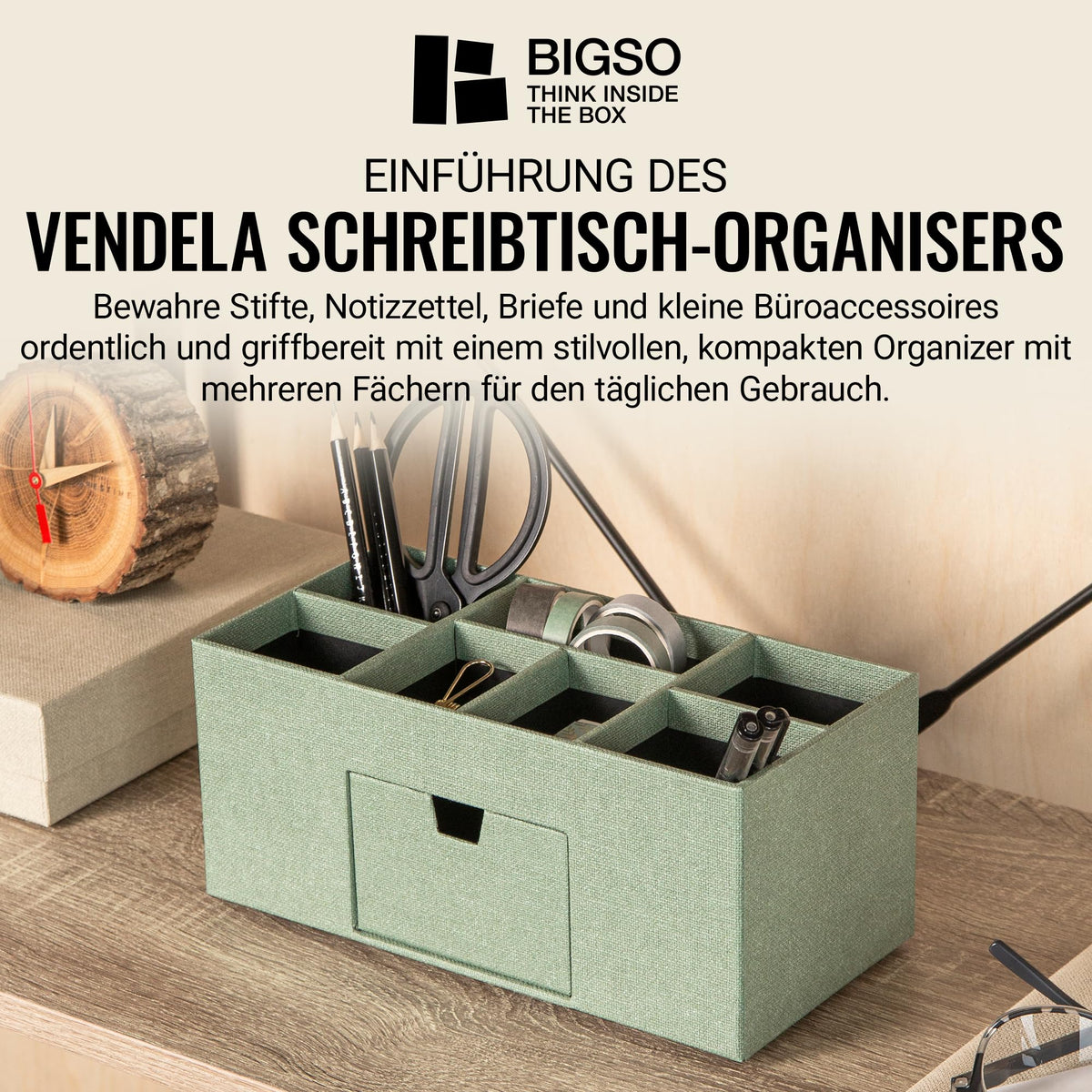 BIGSO VENDELA Schreibtisch Organizer mit 7 Fächern und Schublade – Ablagebox aus Faserplatte und Papier in Leinenoptik – Schreibtischset für Büromaterial – mintgrün