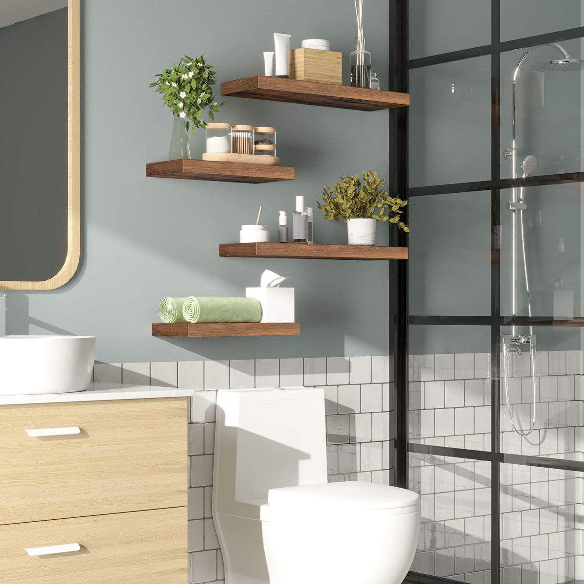 HOOBRO Wandregal, Schweberegal 2er-Set, stabile Wandboards, 60 x 20 x 3,8 cm Hängeregale, mit unsichtbaren Halterungen, für Bad, Schlafzimmer, Küche, Büro, Wohnzimmer, Vintagebraun EBF60BJ01