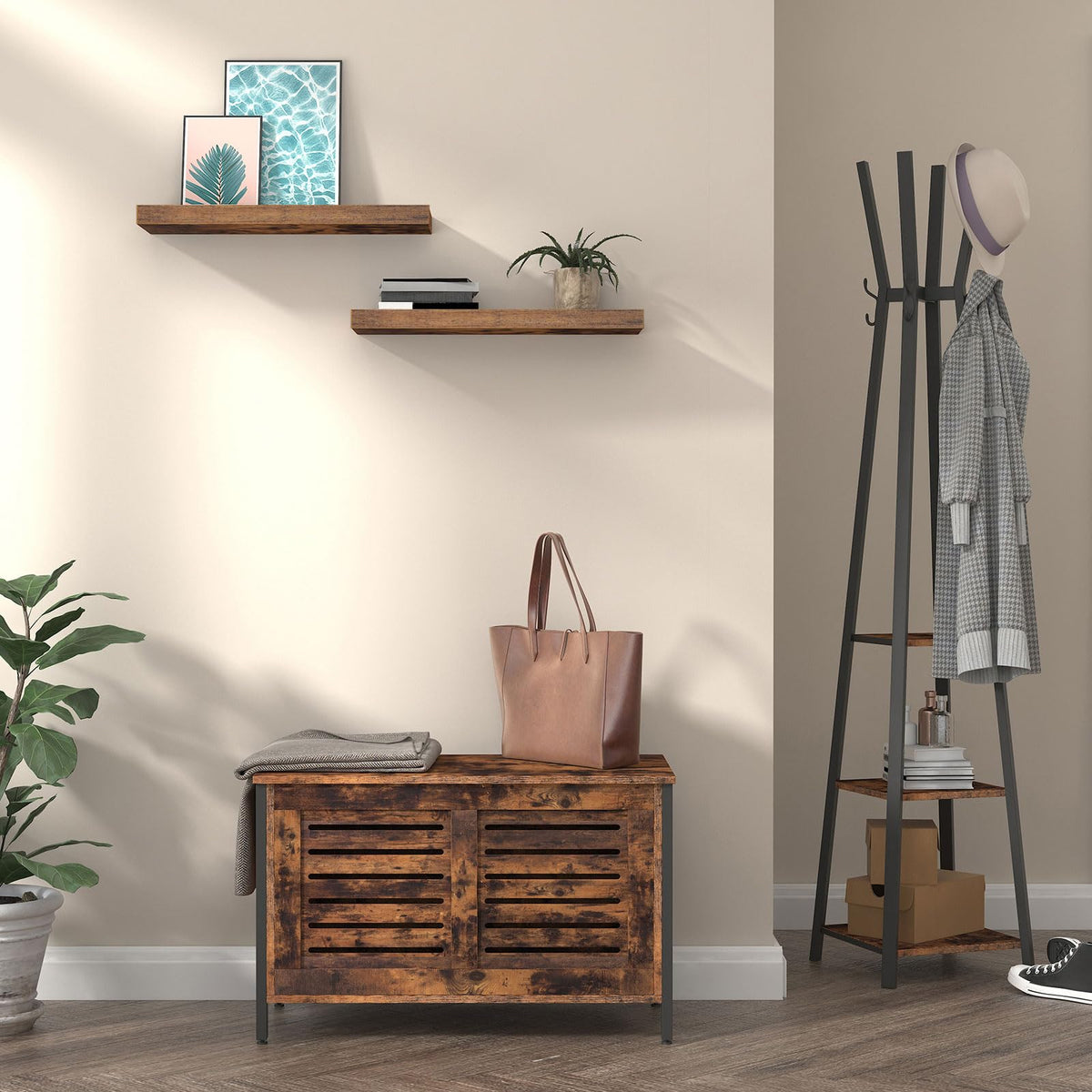 HOOBRO Wandregal, Schweberegal 2er-Set, stabile Wandboards, 60 x 20 x 3,8 cm Hängeregale, mit unsichtbaren Halterungen, für Bad, Schlafzimmer, Küche, Büro, Wohnzimmer, Vintagebraun EBF60BJ01
