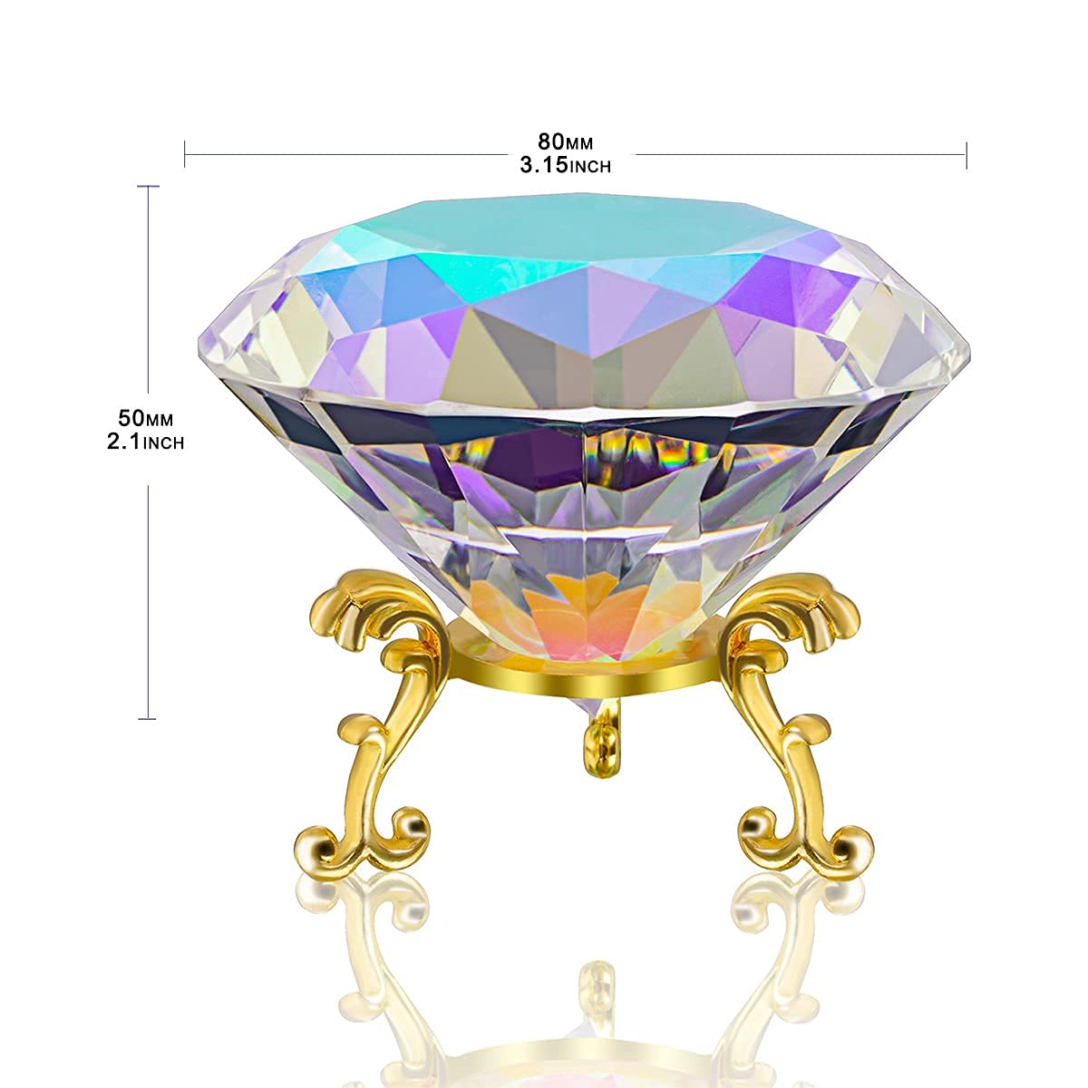 80mm Kristall Diamant Briefbeschwerer, Nageldiamant Hintergrund für Nagelbilder, Schreibtischdekoration, große Strasssteine mit goldener Metallbasis (AB Beschichtung)