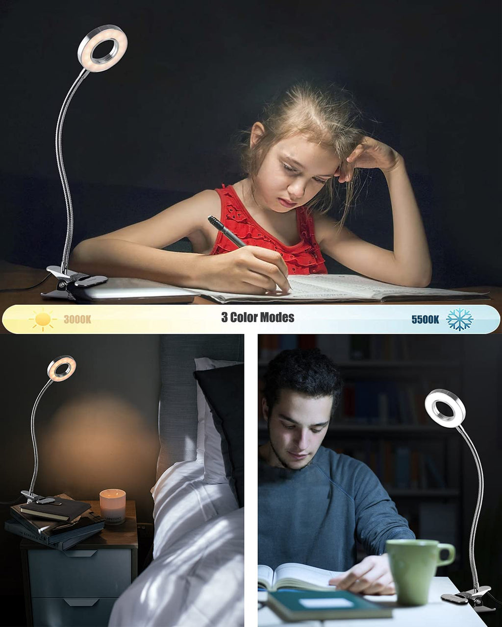 EYOCEAN LED-Leselampe, dimmbare Klemmleuchte für Bettkopfteil, Schlafzimmer, Büro, 3 Modi & 10 Dimmstufen, flexibles Klemmlicht,Inklusive CE Adapter, 8W, Silber