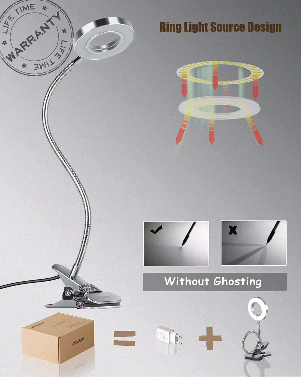 EYOCEAN LED-Leselampe, dimmbare Klemmleuchte für Bettkopfteil, Schlafzimmer, Büro, 3 Modi & 10 Dimmstufen, flexibles Klemmlicht,Inklusive CE Adapter, 8W, Silber