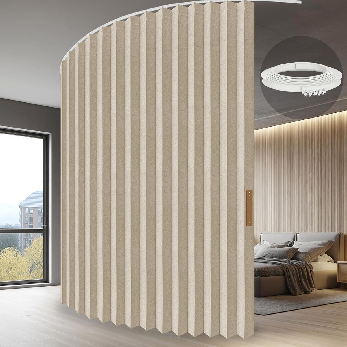 JILRON Raumteiler Vorhang Mit Schienen, 100% Vollschutz - Einzigartiges Akkordeon-Design, Saubere Optik für Schlafzimmer, Abstellraum (Cremefarben-H213 x B254 cm) 1er-Pack