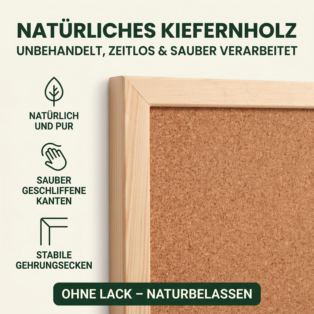 VELORA H&L Pinnwand 60 x 90 cm Naturholz – Korktafel mit Holzrahmen, Memoboard für Büro, Schule und Home Office, Kork Pinnwand zur Wandmontage, Hoch- und Querformat