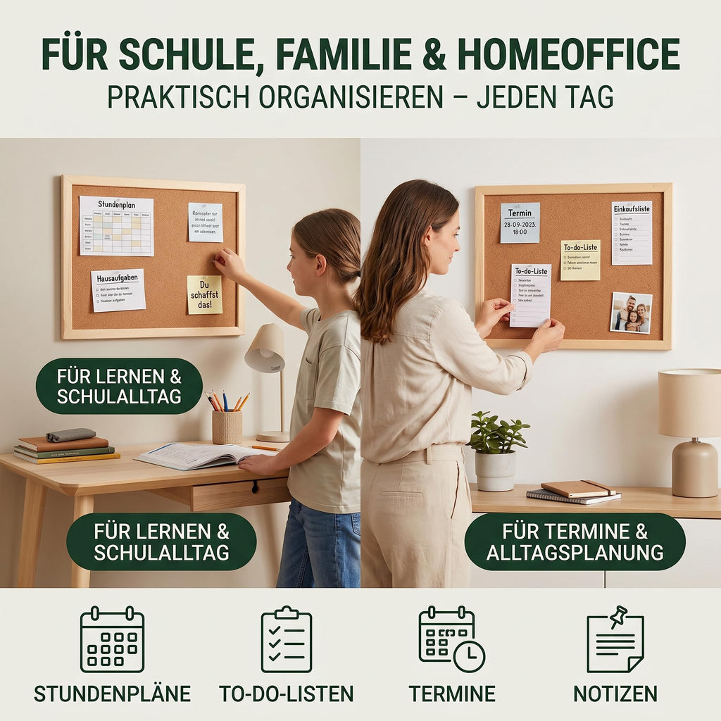 VELORA H&L Pinnwand 60 x 90 cm Naturholz – Korktafel mit Holzrahmen, Memoboard für Büro, Schule und Home Office, Kork Pinnwand zur Wandmontage, Hoch- und Querformat