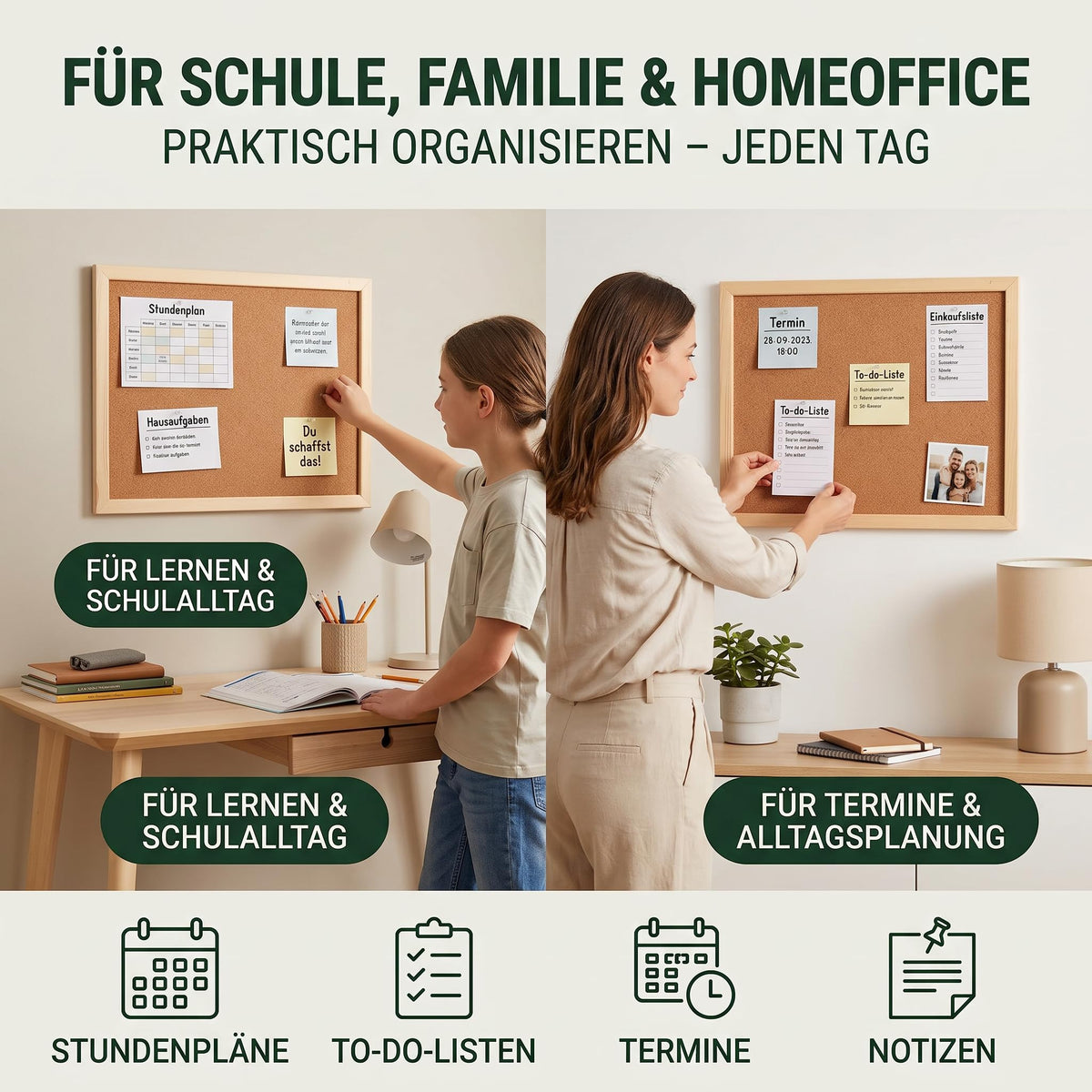VELORA H&L Pinnwand 60 x 90 cm Naturholz – Korktafel mit Holzrahmen, Memoboard für Büro, Schule und Home Office, Kork Pinnwand zur Wandmontage, Hoch- und Querformat