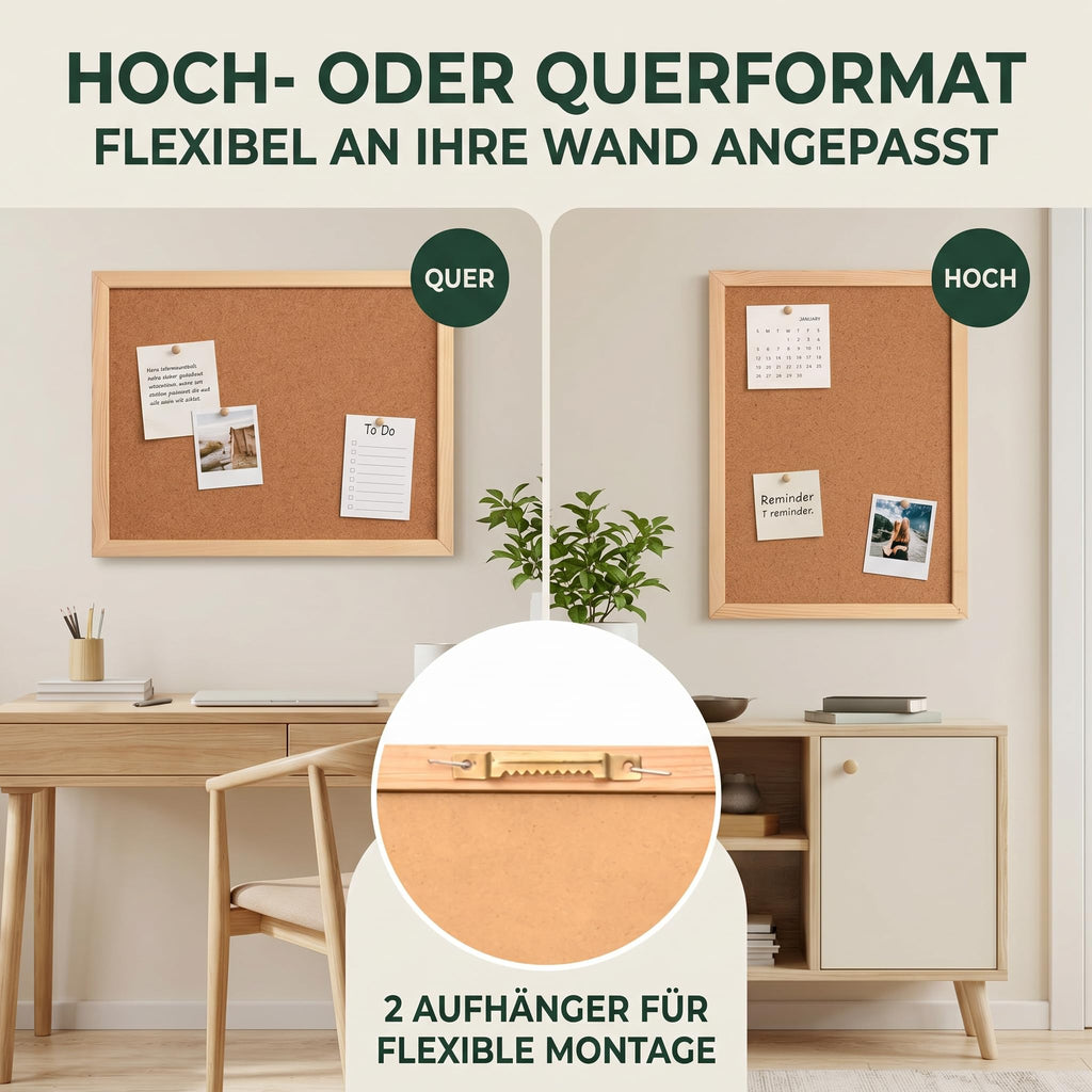 VELORA H&L Pinnwand 60 x 90 cm Naturholz – Korktafel mit Holzrahmen, Memoboard für Büro, Schule und Home Office, Kork Pinnwand zur Wandmontage, Hoch- und Querformat
