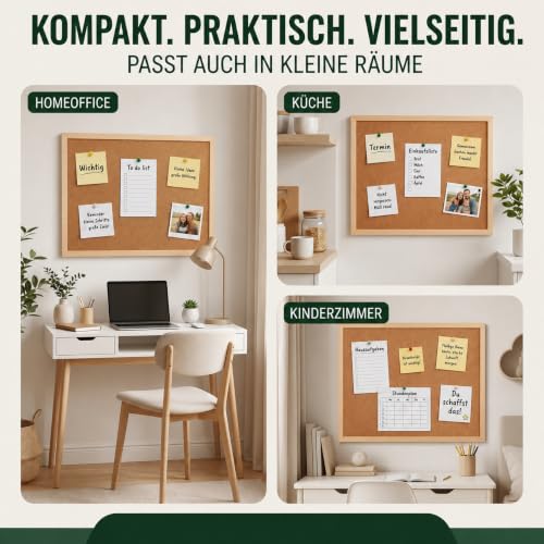 VELORA H&L Pinnwand 60 x 90 cm Naturholz – Korktafel mit Holzrahmen, Memoboard für Büro, Schule und Home Office, Kork Pinnwand zur Wandmontage, Hoch- und Querformat