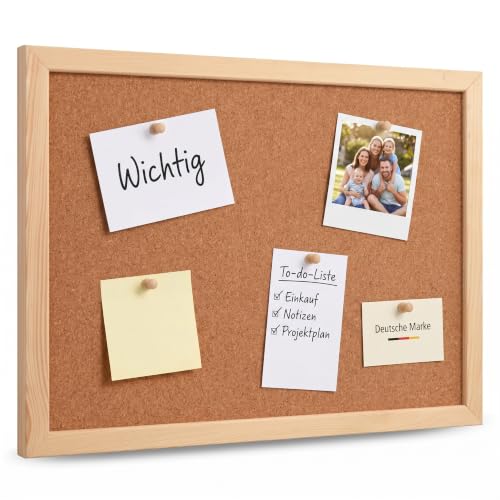 VELORA H&L Pinnwand 60 x 90 cm Naturholz – Korktafel mit Holzrahmen, Memoboard für Büro, Schule und Home Office, Kork Pinnwand zur Wandmontage, Hoch- und Querformat