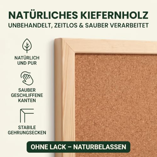 VELORA H&L Pinnwand 60 x 90 cm Naturholz – Korktafel mit Holzrahmen, Memoboard für Büro, Schule und Home Office, Kork Pinnwand zur Wandmontage, Hoch- und Querformat