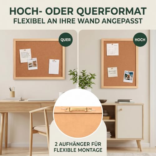 VELORA H&L Pinnwand 60 x 90 cm Naturholz – Korktafel mit Holzrahmen, Memoboard für Büro, Schule und Home Office, Kork Pinnwand zur Wandmontage, Hoch- und Querformat