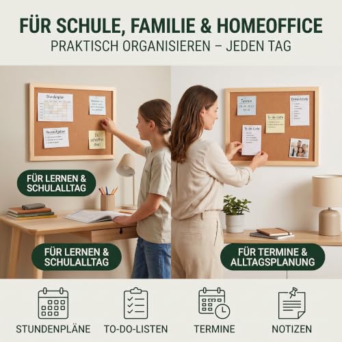 VELORA H&L Pinnwand 60 x 90 cm Naturholz – Korktafel mit Holzrahmen, Memoboard für Büro, Schule und Home Office, Kork Pinnwand zur Wandmontage, Hoch- und Querformat