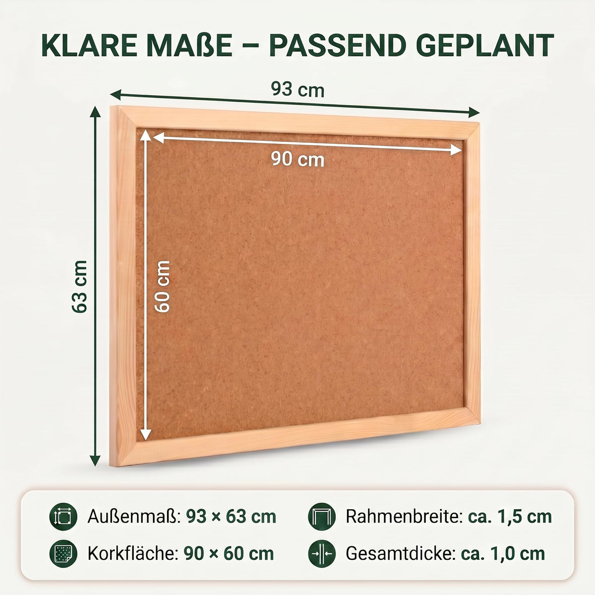 VELORA H&L Pinnwand 60 x 90 cm Naturholz – Korktafel mit Holzrahmen, Memoboard für Büro, Schule und Home Office, Kork Pinnwand zur Wandmontage, Hoch- und Querformat