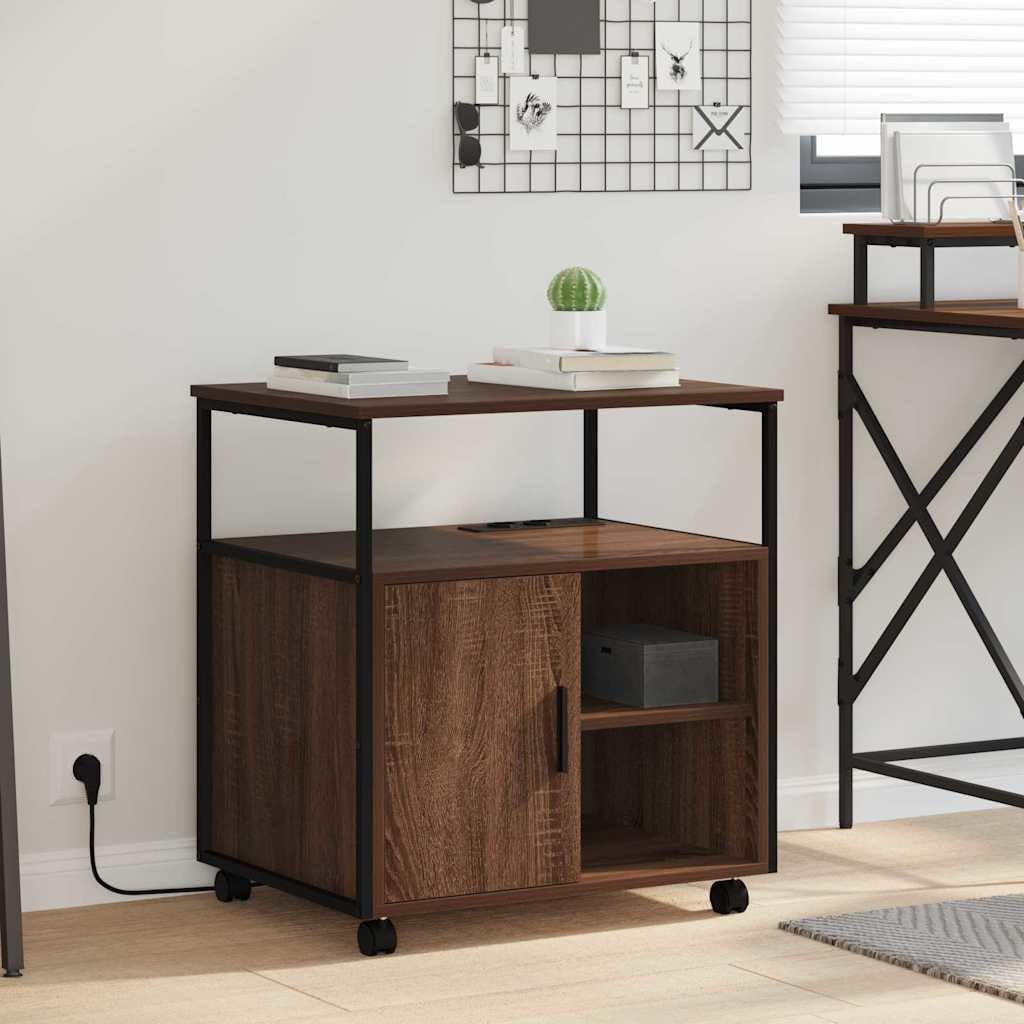 Büro-Aufbewahrungsschrank Braun Eiche 61x46x67 cm Holzwerkstoff mit Ladestation Robuster Stahlrahmen 4 Fächer 3 Regalböden Modernes Design für Homeoffice Büro Wohnzimmer Flur