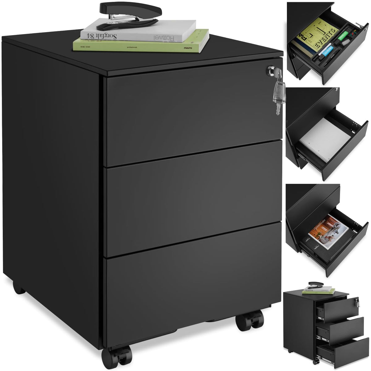tectake® Büro Metall Aktenschrank mit Rollen, abschließbare Kommode mit Schubladen für Schreibtisch, Rollcontainer, Schubladenschrank, Organzier, Rollwagen Schrank abschließbar (schwarz)