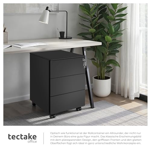 tectake® Büro Metall Aktenschrank mit Rollen, abschließbare Kommode mit Schubladen für Schreibtisch, Rollcontainer, Schubladenschrank, Organzier, Rollwagen Schrank abschließbar (schwarz)