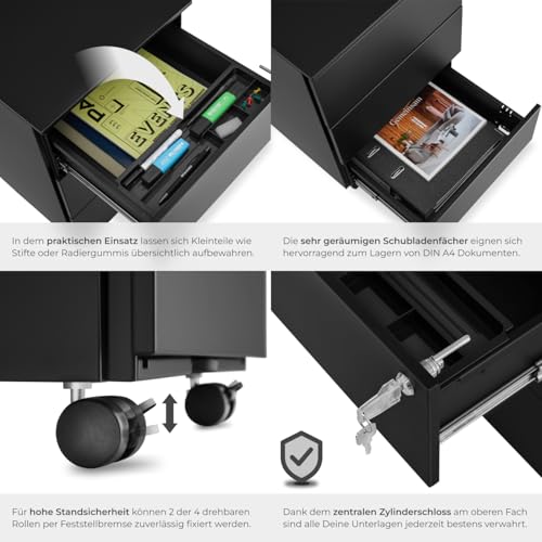 tectake® Büro Metall Aktenschrank mit Rollen, abschließbare Kommode mit Schubladen für Schreibtisch, Rollcontainer, Schubladenschrank, Organzier, Rollwagen Schrank abschließbar (schwarz)