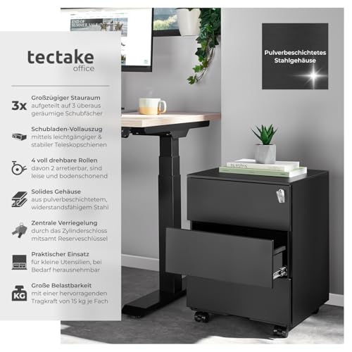 tectake® Büro Metall Aktenschrank mit Rollen, abschließbare Kommode mit Schubladen für Schreibtisch, Rollcontainer, Schubladenschrank, Organzier, Rollwagen Schrank abschließbar (schwarz)