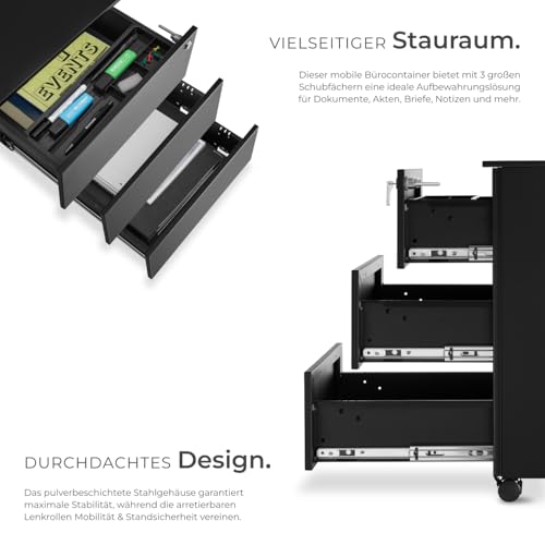 tectake® Büro Metall Aktenschrank mit Rollen, abschließbare Kommode mit Schubladen für Schreibtisch, Rollcontainer, Schubladenschrank, Organzier, Rollwagen Schrank abschließbar (schwarz)