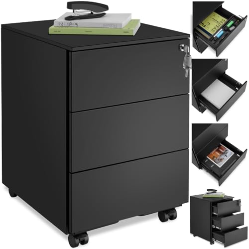 tectake® Büro Metall Aktenschrank mit Rollen, abschließbare Kommode mit Schubladen für Schreibtisch, Rollcontainer, Schubladenschrank, Organzier, Rollwagen Schrank abschließbar (schwarz)