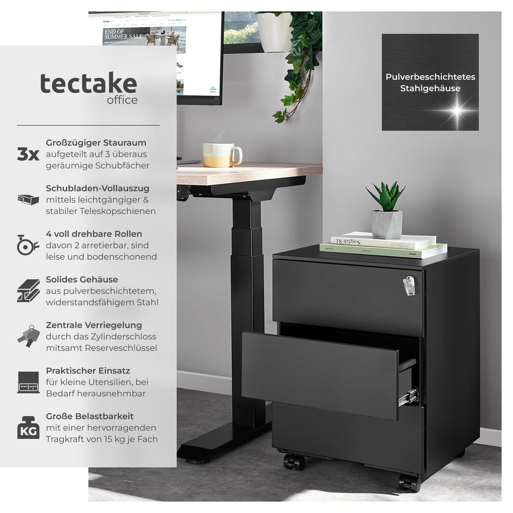 tectake® Büro Metall Aktenschrank mit Rollen, abschließbare Kommode mit Schubladen für Schreibtisch, Rollcontainer, Schubladenschrank, Organzier, Rollwagen Schrank abschließbar (schwarz)