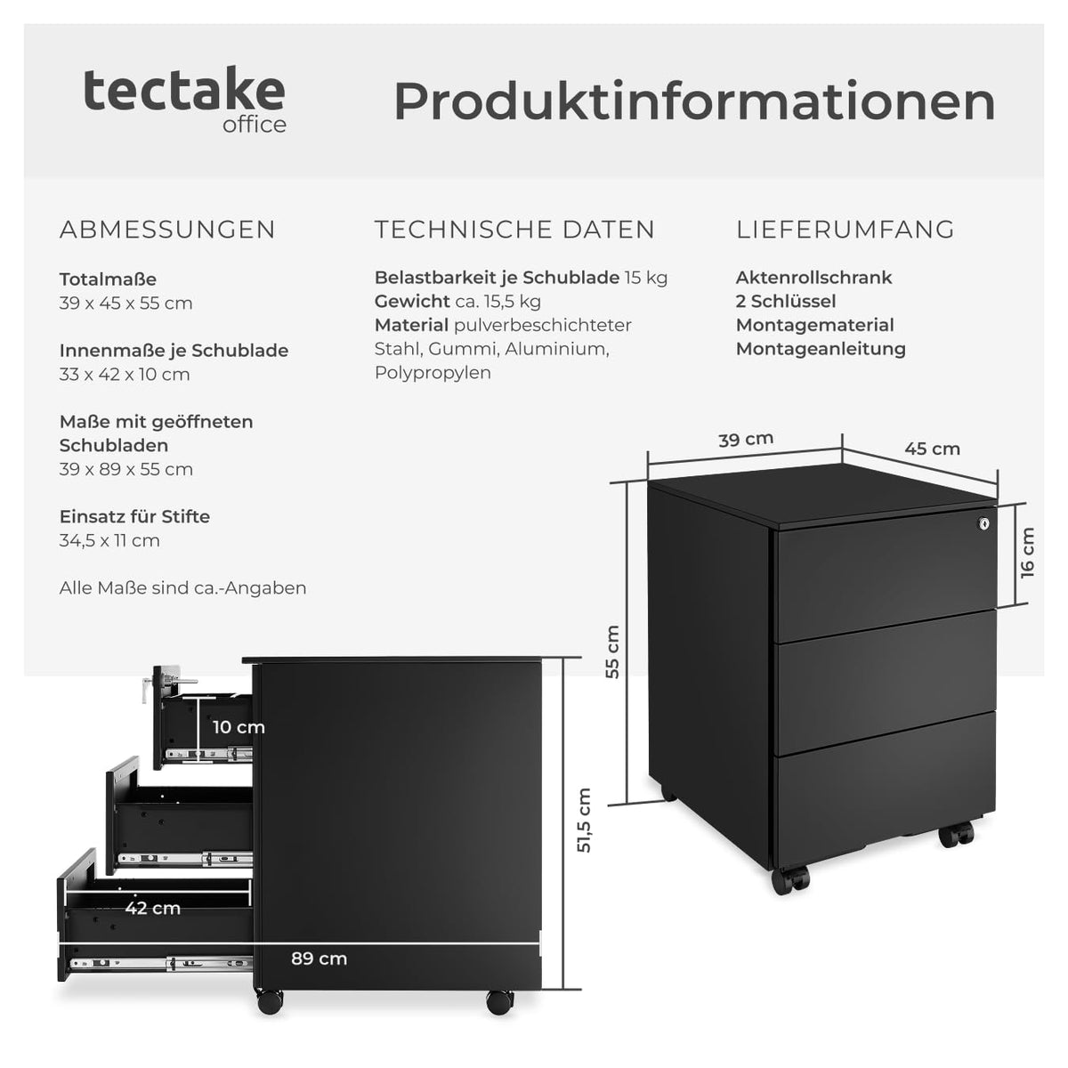 tectake® Büro Metall Aktenschrank mit Rollen, abschließbare Kommode mit Schubladen für Schreibtisch, Rollcontainer, Schubladenschrank, Organzier, Rollwagen Schrank abschließbar (schwarz)