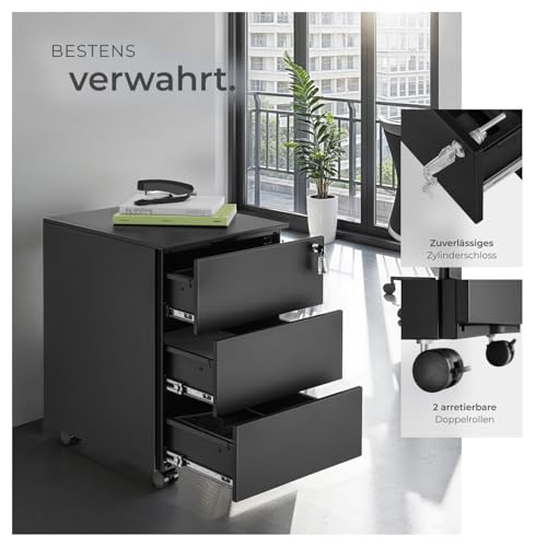 tectake® Büro Metall Aktenschrank mit Rollen, abschließbare Kommode mit Schubladen für Schreibtisch, Rollcontainer, Schubladenschrank, Organzier, Rollwagen Schrank abschließbar (schwarz)