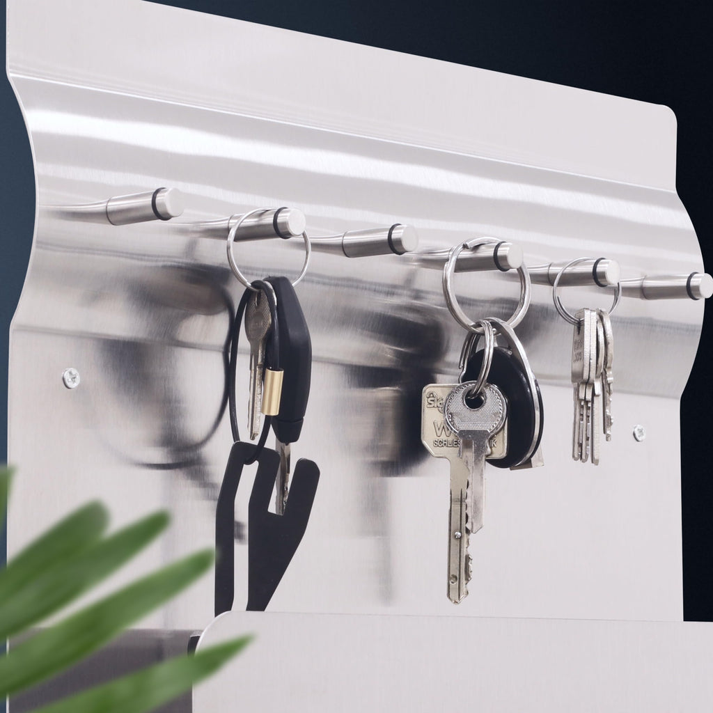RICOO Schlüsselbrett mit Ablage Edelstahl Schlüsselhaken MB6001 Magnetisch Notizwand Schlüsselhalter Wand Flur Edelstahl Key Holder Aufbewahrung