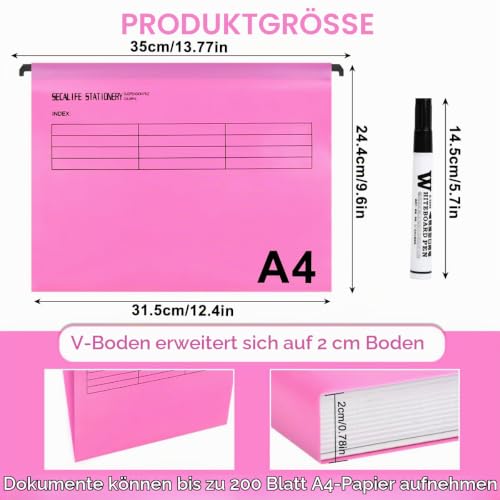A4 Hängemappen 24 Stück für Aktenschränke,Polypropylen für Hängemappe mit Tabs und Karteneinsätzen und löschbarem Stift für Büro, Schule, Schreibtisch,Hängemappe,Sortiermappe